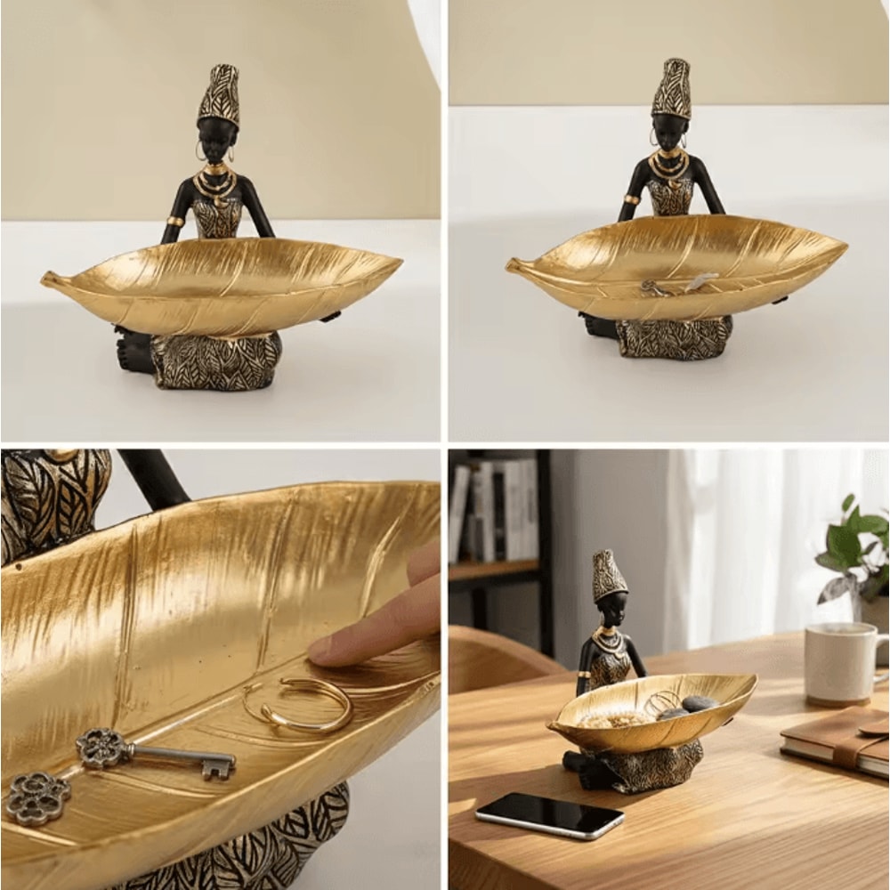 Hand Crafted African Resin Figurine With Trinket Tray For Home And Office Decor 4
