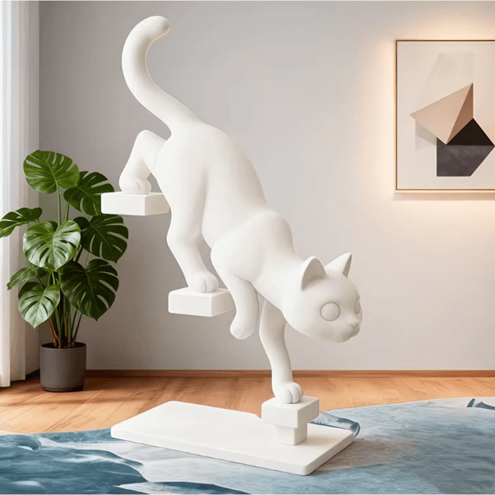 Modern White Geometric Leaping Cat Sculpture For Home And Desk Decor 3