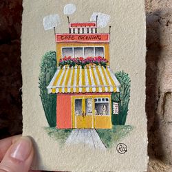 Mini cafe artwork Original Miniature art on handmade recycled paper by Rubinova