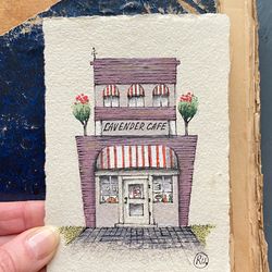 Lavender cafe artwork Original Miniature art on handmade recycled paper by Rubinova