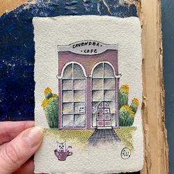 Lavender cafe mini art Original Miniature on handmade recycled paper by Rubinova