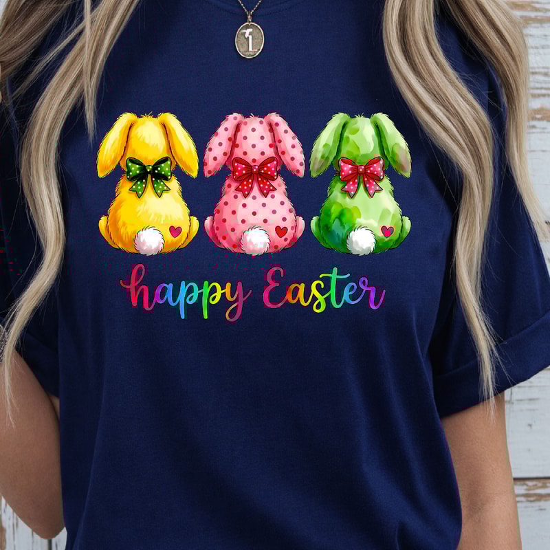 3 Rabbits Happy Easter Shirt Easter Bunny TShirt Cute Easter Tee 2