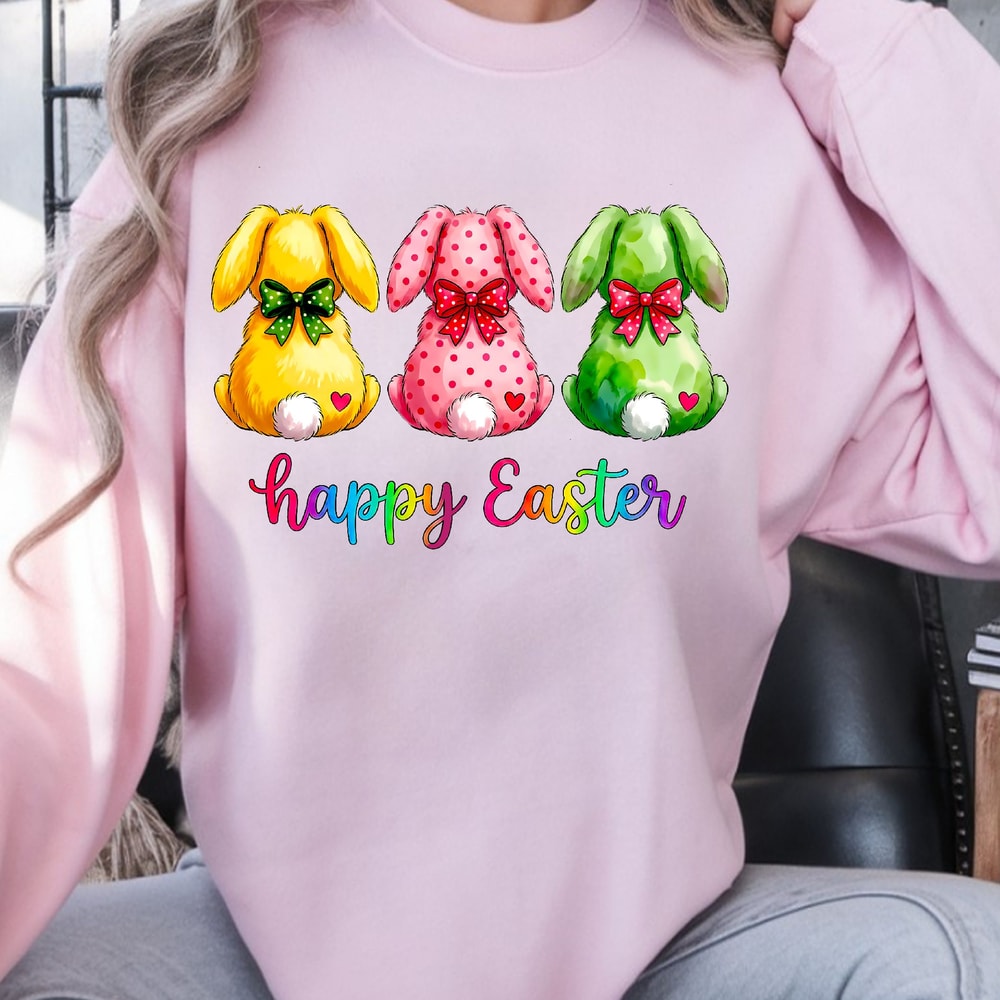 3 Rabbits Happy Easter Shirt Easter Bunny TShirt Cute Easter Tee 0
