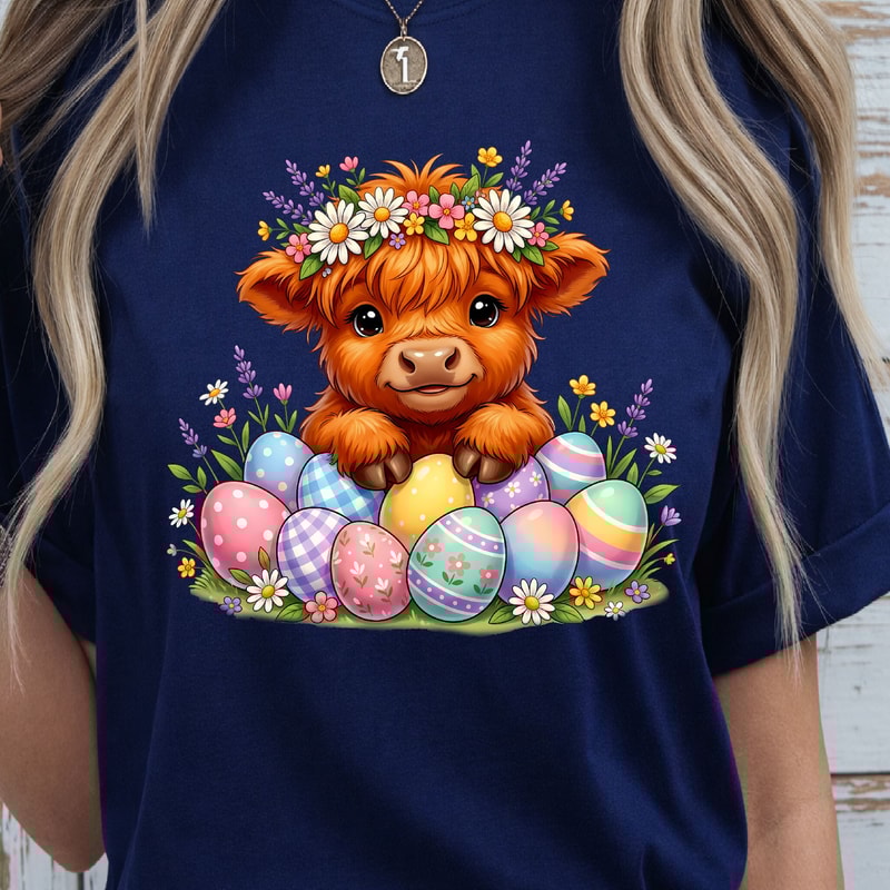 Cute Easter Highland Cow TShirt Happy Easter Tee Easter Cow Shirt 1