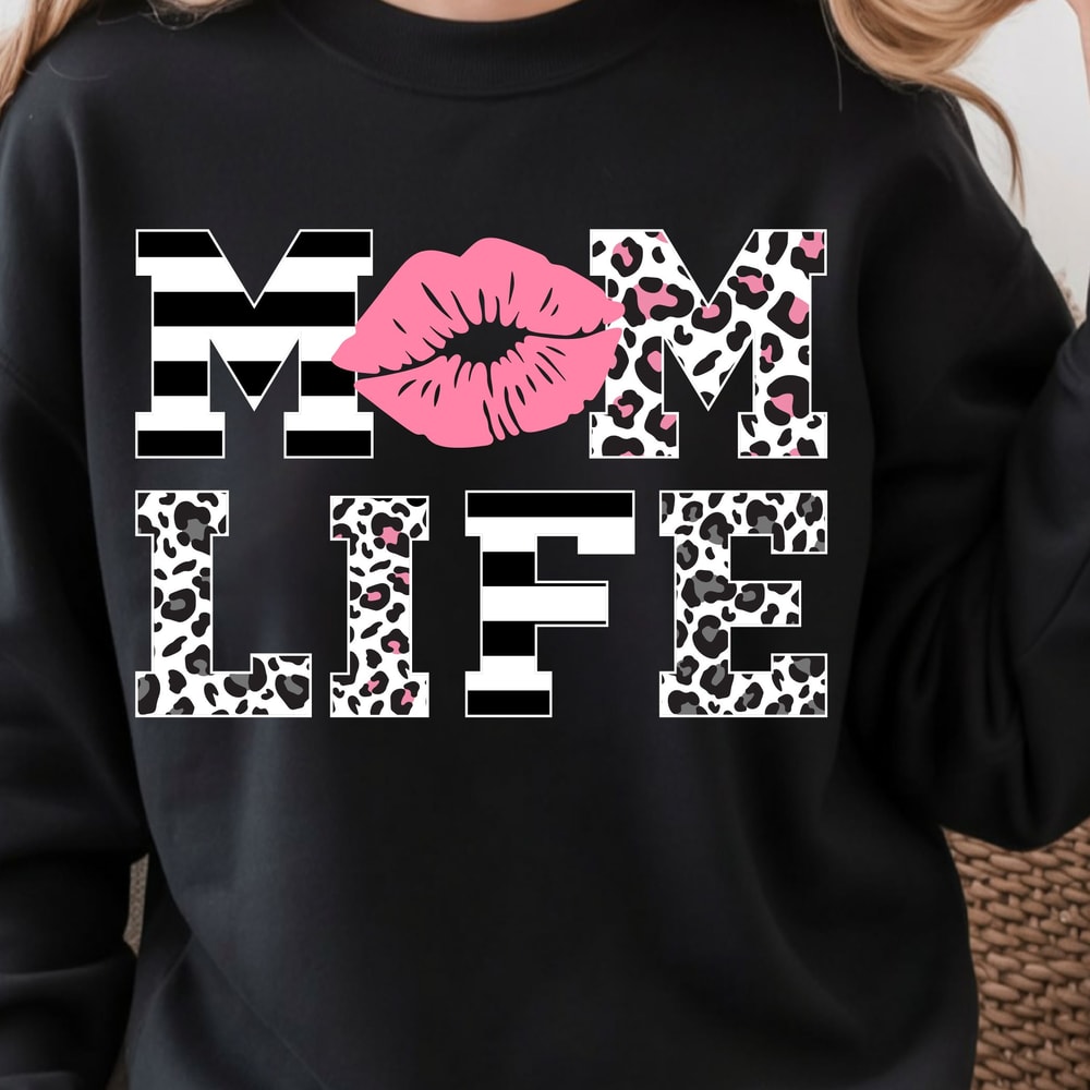 Mom Life Leopard Lips Shirt Pink Kiss Graphic Mom Shirt Stylish Mother Tee 1