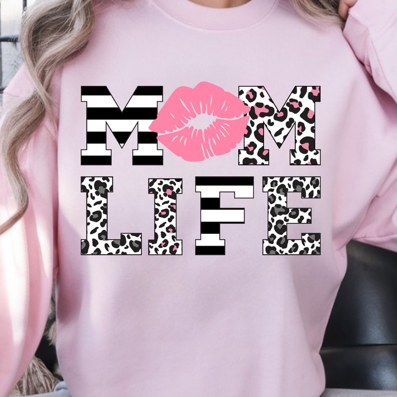 Mom Life Leopard Lips Shirt Pink Kiss Graphic Mom Shirt Stylish Mother Tee 0
