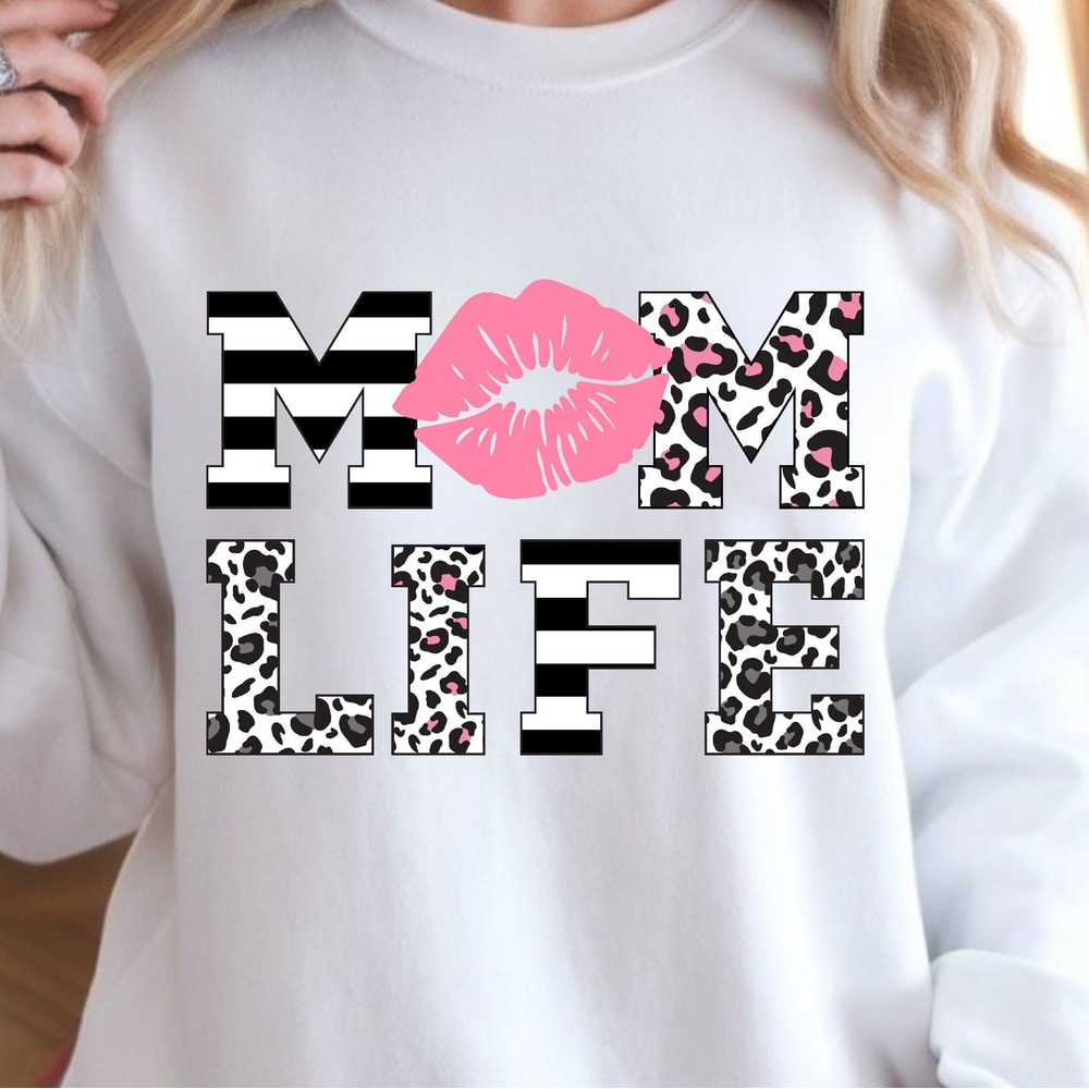 Mom Life Leopard Lips Shirt Pink Kiss Graphic Mom Shirt Stylish Mother Tee 3