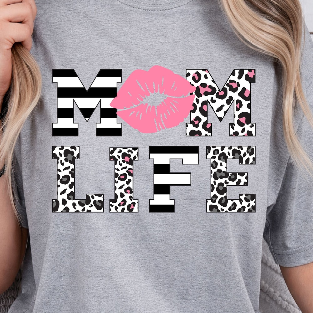 Mom Life Leopard Lips Shirt Pink Kiss Graphic Mom Shirt Stylish Mother Tee 4