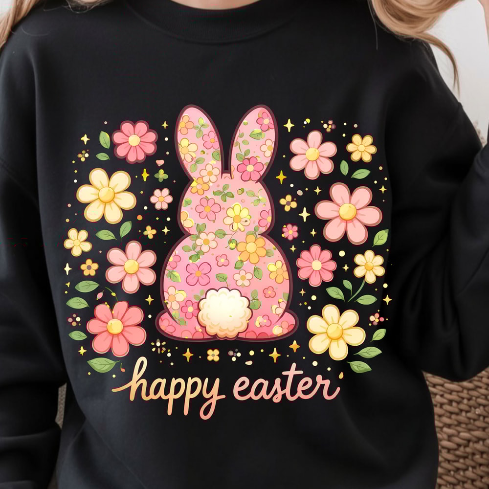 Happy Easter Shirt Bunny Floral Design Tee 0