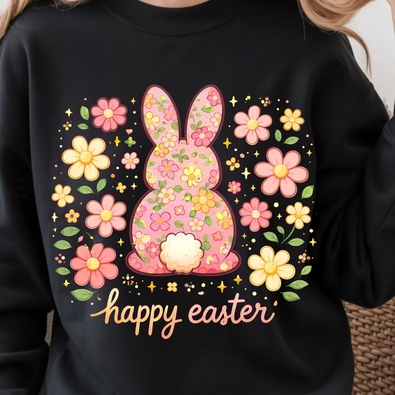 Happy Easter Shirt Bunny Floral Design Tee 0