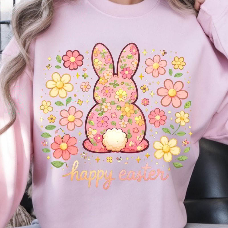 Happy Easter Shirt Bunny Floral Design Tee 1