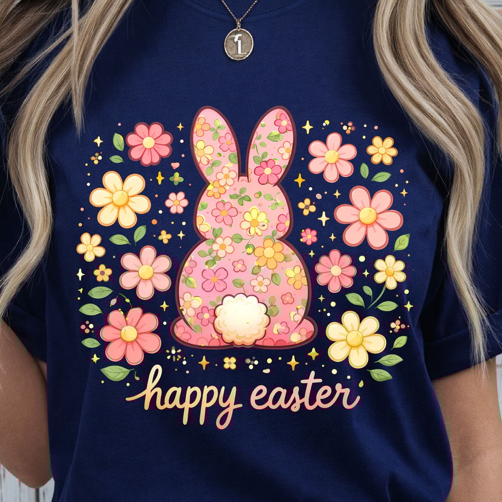 Happy Easter Shirt Bunny Floral Design Tee 3