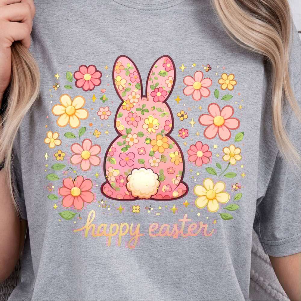 Happy Easter Shirt Bunny Floral Design Tee 4