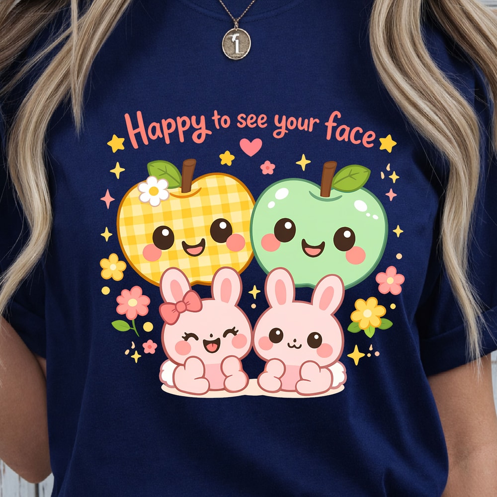 Happy To See Your Faces Shirt Apples Baby Bunny Easter Design Tee 0