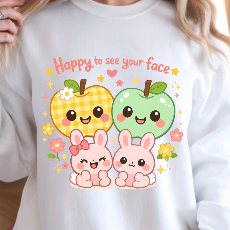 Happy To See Your Faces Shirt Apples Baby Bunny Easter Design Tee 3