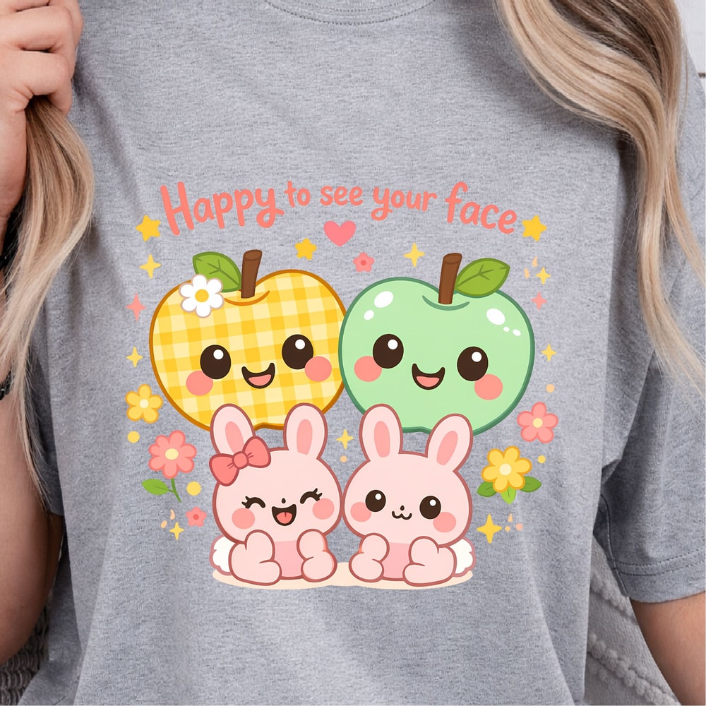 Happy To See Your Faces Shirt Apples Baby Bunny Easter Design Tee 4