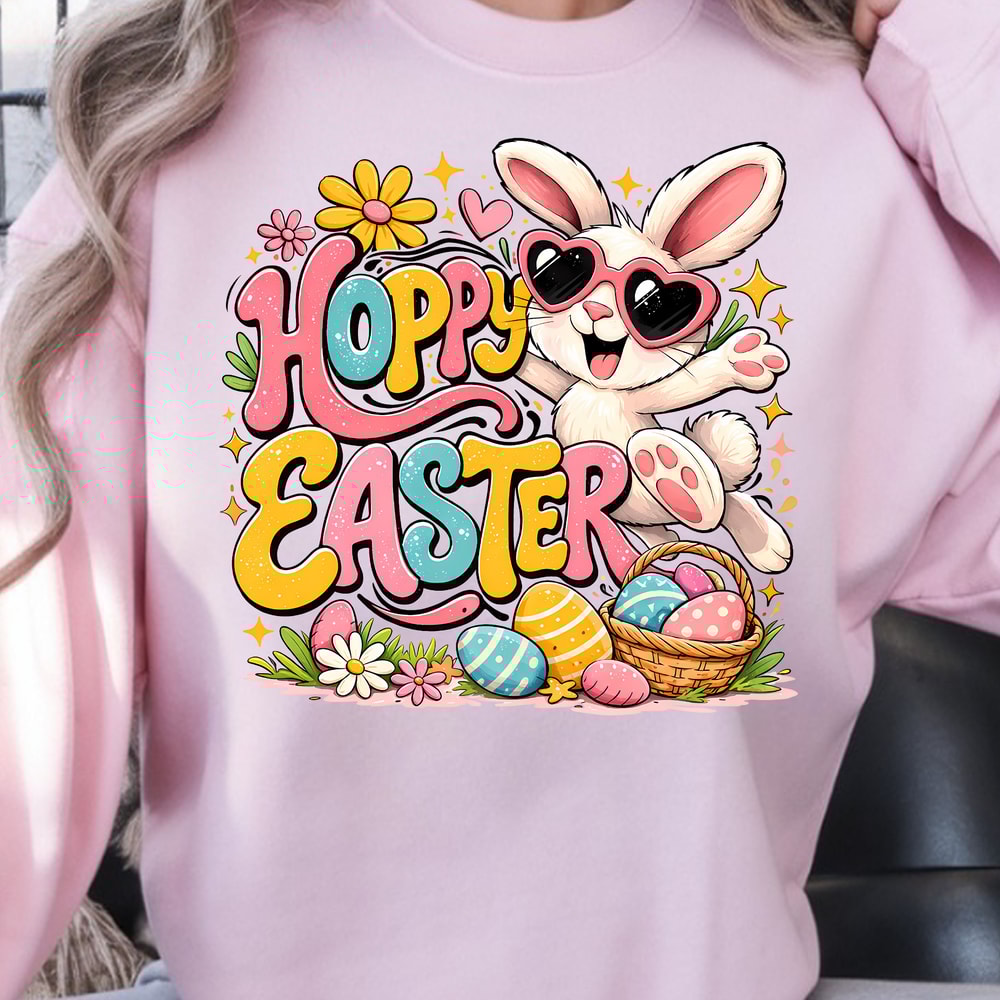 Hoppy Easter Shirt Happy Cool Bunny Easter Eggs Design Tee 2