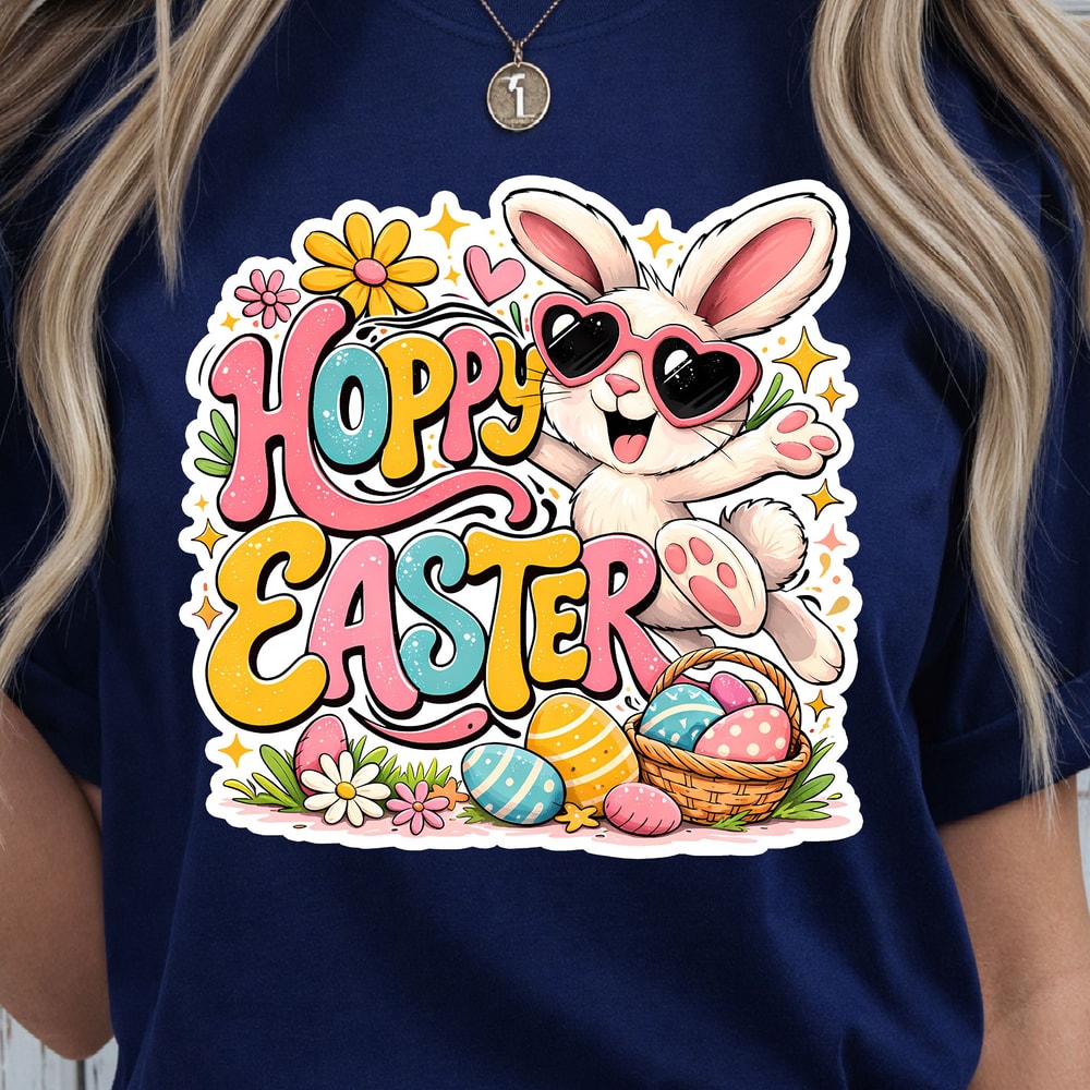Hoppy Easter Shirt Happy Cool Bunny Easter Eggs Design Tee 1