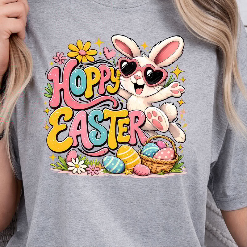 Hoppy Easter Shirt Happy Cool Bunny Easter Eggs Design Tee 0