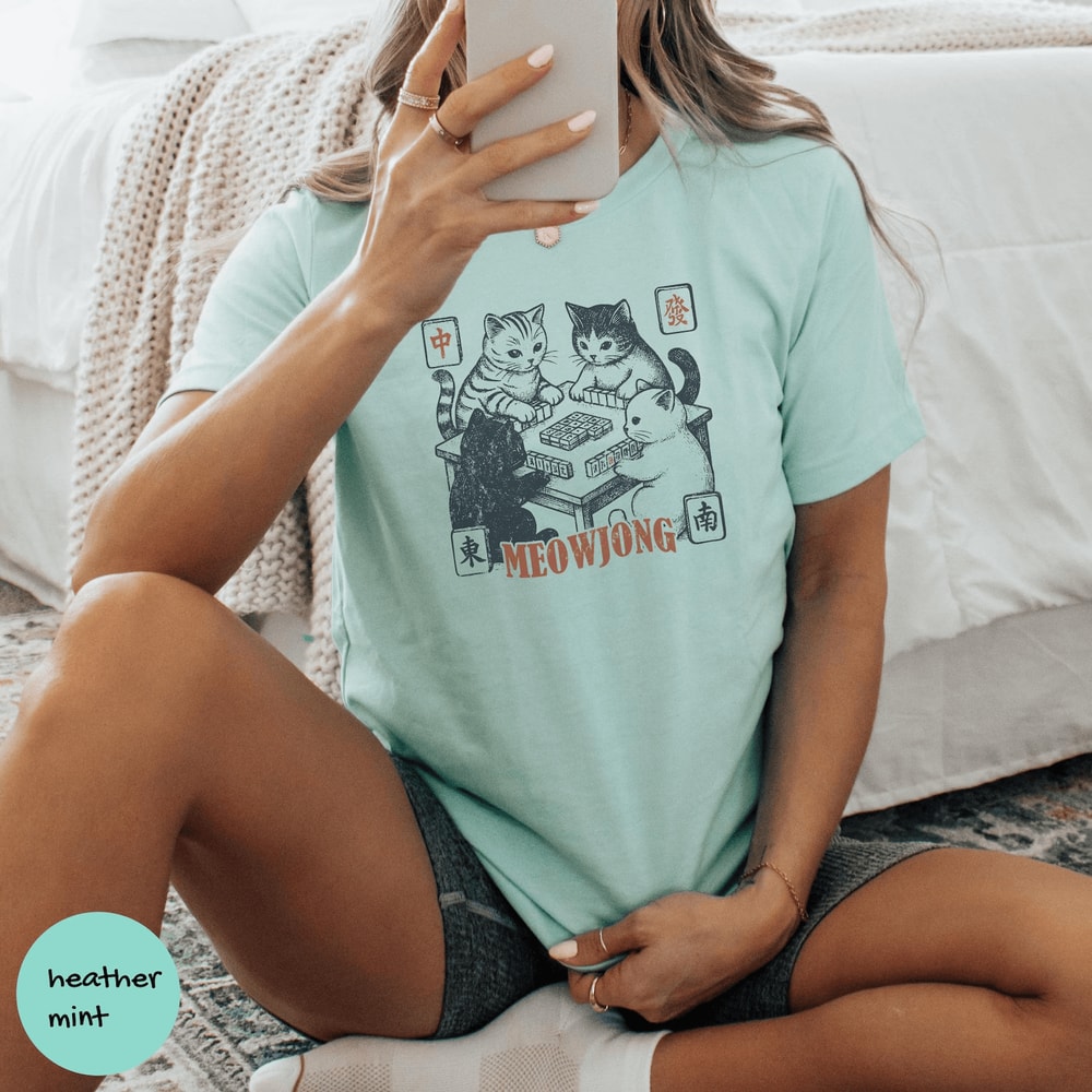 Cats Playing Mahjong Tee Meowjong Unisex Shirt 1