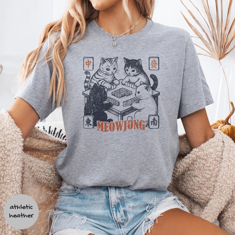 Cats Playing Mahjong Tee Meowjong Unisex Shirt 3
