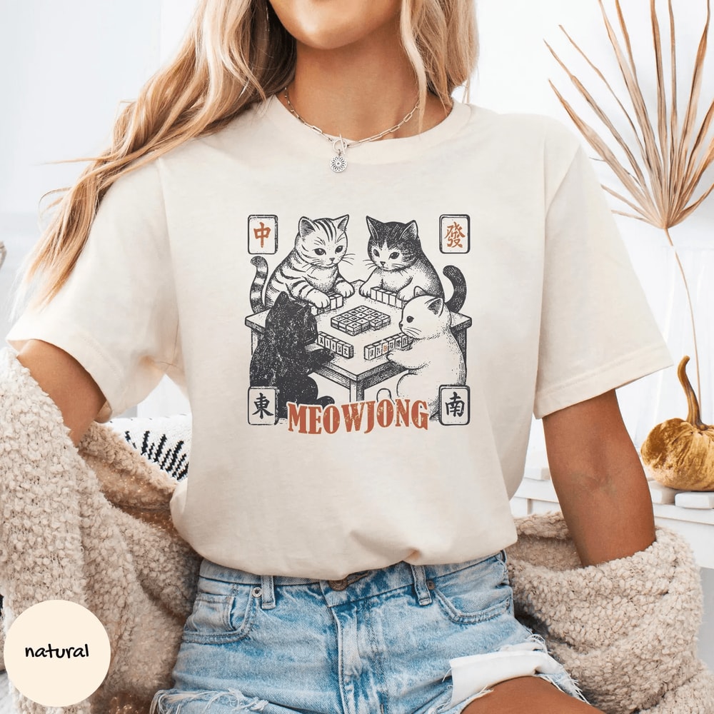 Cats Playing Mahjong Tee Meowjong Unisex Shirt 0
