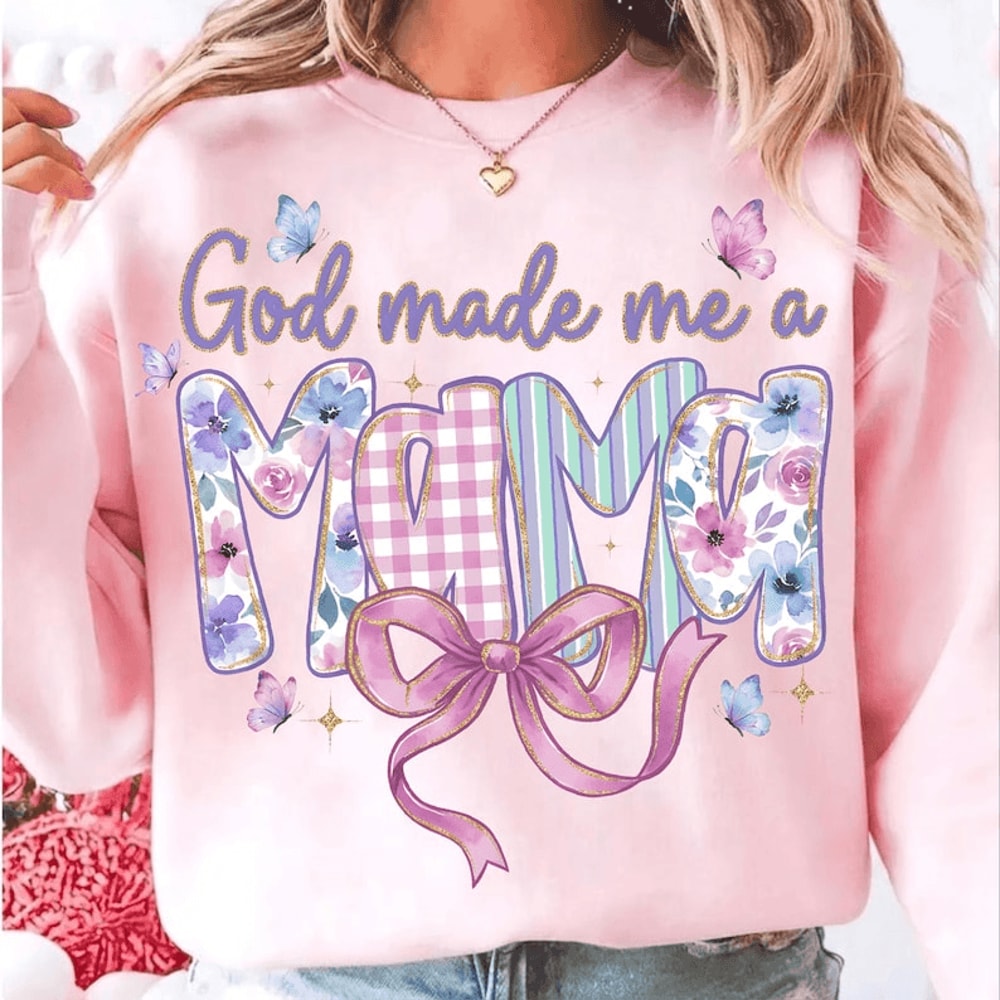 God Made Me A Mama Shirt Floral Bow Mom Life Graphic Tee 0
