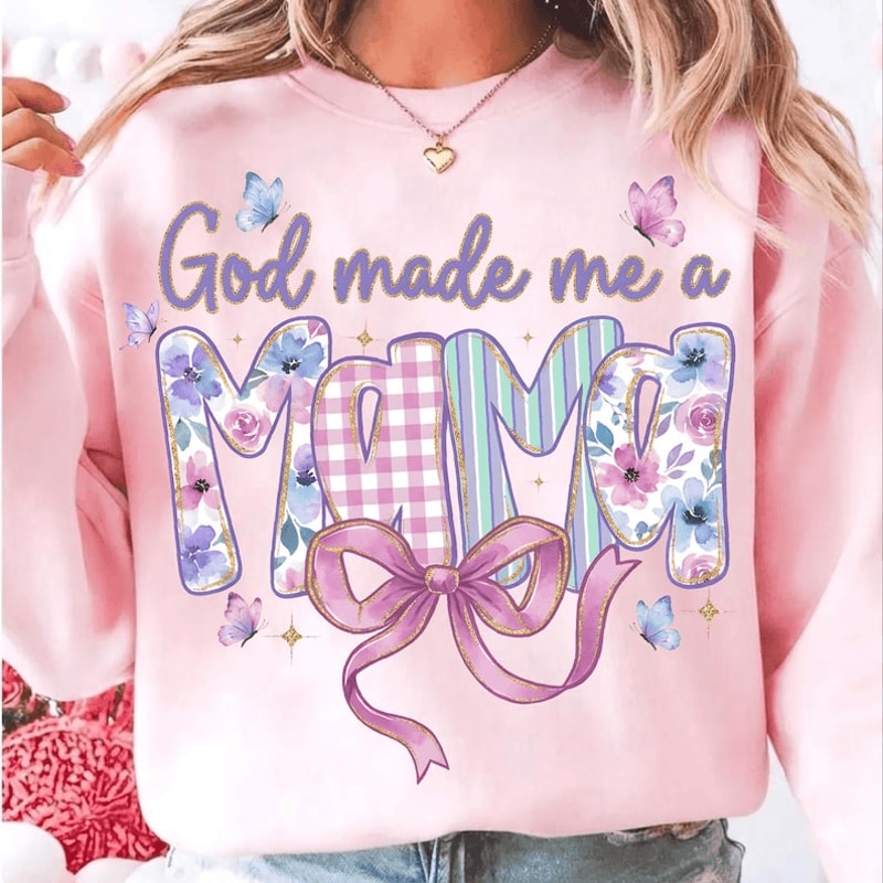 God Made Me A Mama Shirt Floral Bow Mom Life Graphic Tee 0