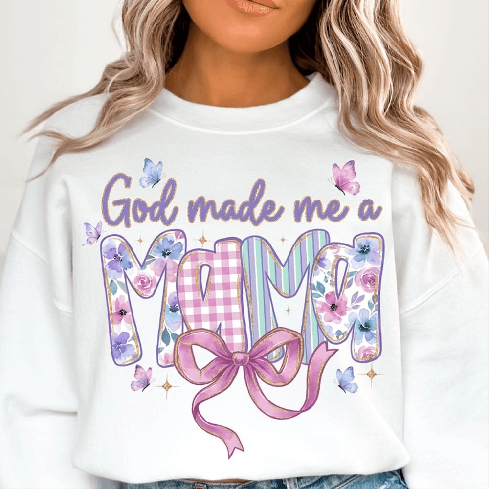 God Made Me A Mama Shirt Floral Bow Mom Life Graphic Tee 1