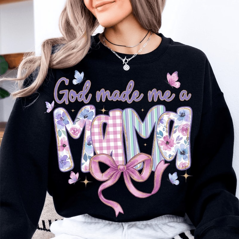 God Made Me A Mama Shirt Floral Bow Mom Life Graphic Tee 3