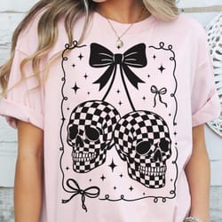 checkered skull shirt coquette bow goth aesthetic graphic tee