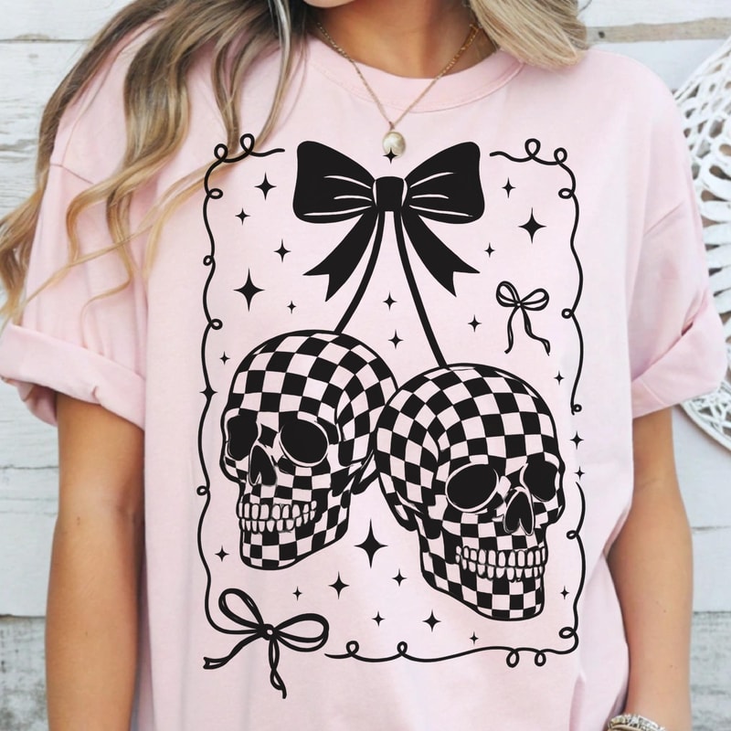 Checkered Skull Shirt Coquette Bow Goth Aesthetic Graphic Tee 0