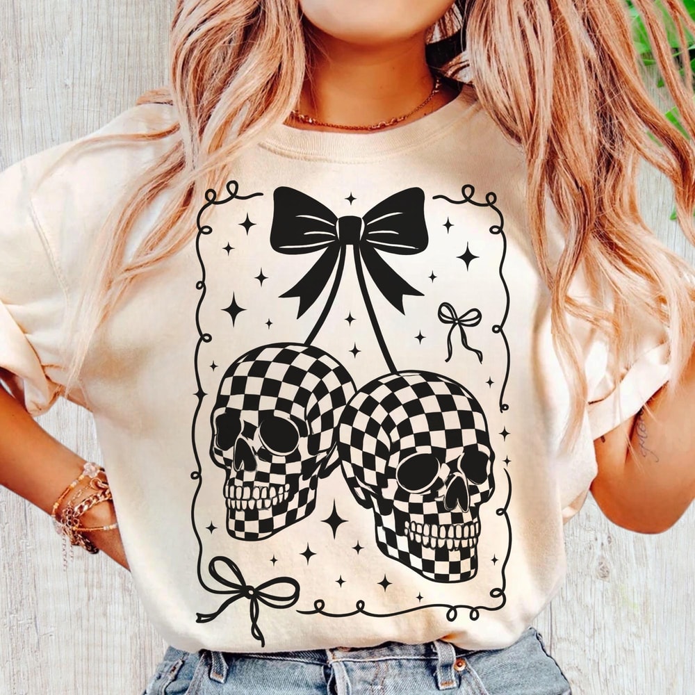Checkered Skull Shirt Coquette Bow Goth Aesthetic Graphic Tee 1