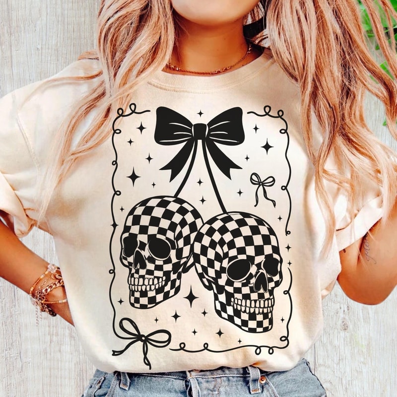 Checkered Skull Shirt Coquette Bow Goth Aesthetic Graphic Tee 1