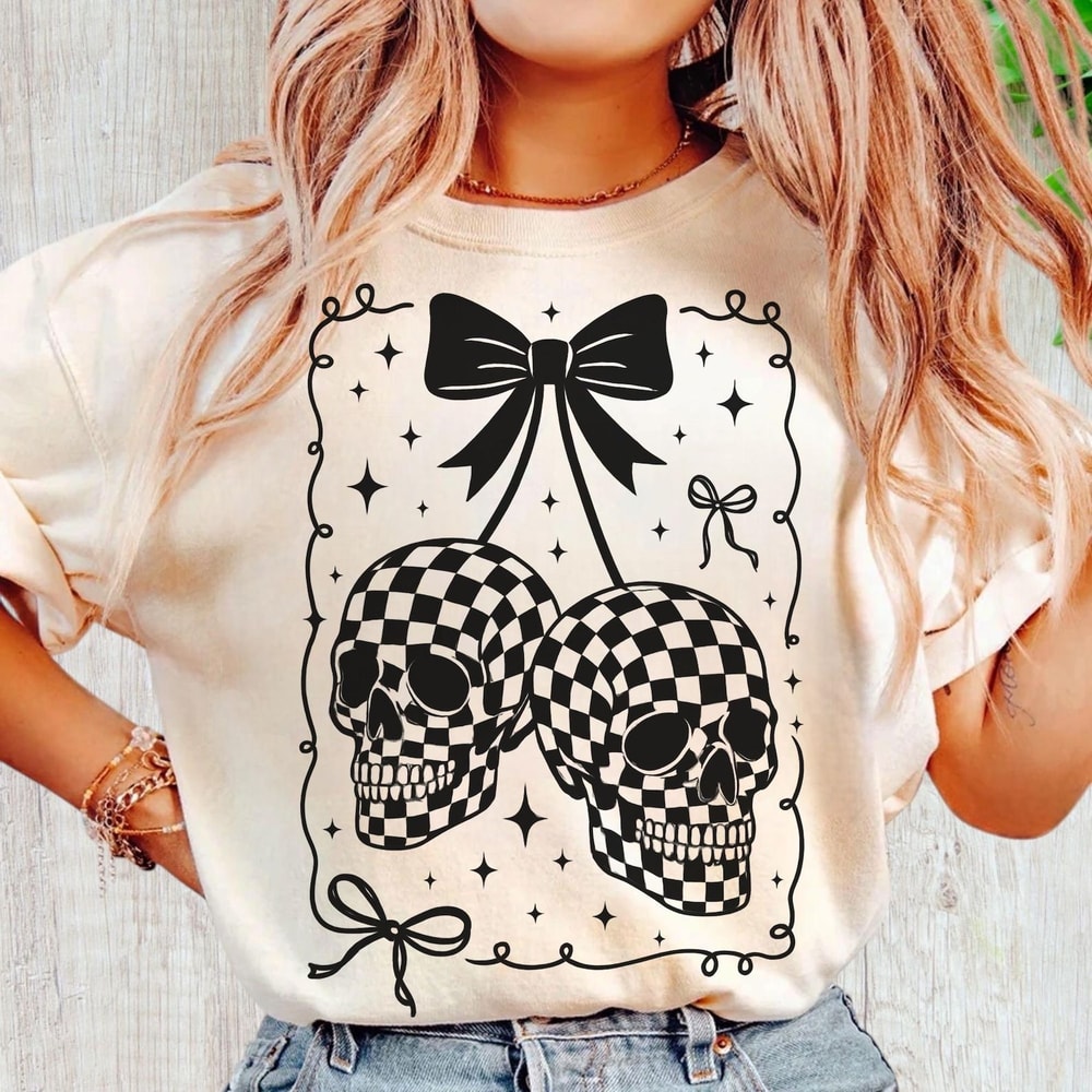 Checkered Skull Shirt Coquette Bow Goth Aesthetic Graphic Tee 3