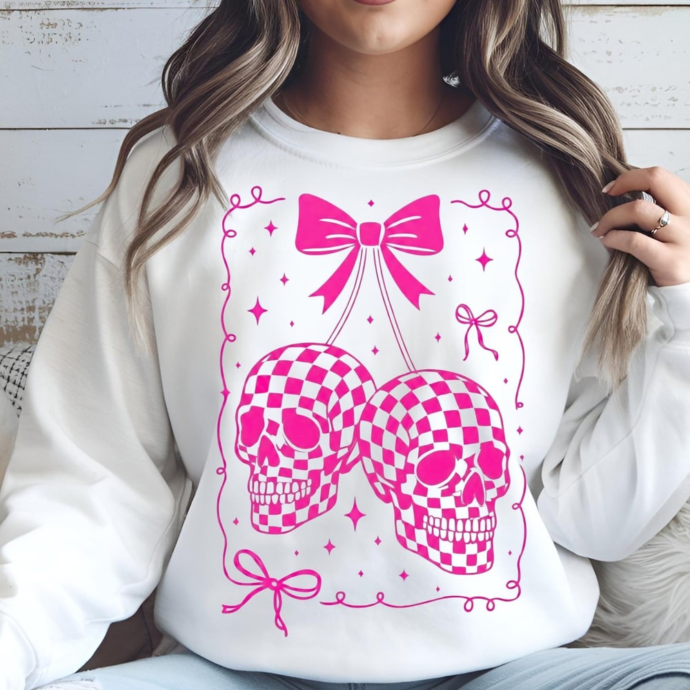Checkered Skull Shirt Coquette Bow Goth Aesthetic Graphic Tee 4