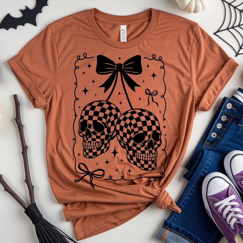 Checkered Skull Shirt Coquette Bow Goth Aesthetic Graphic Tee 5