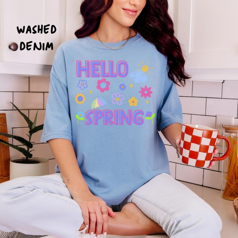 Hello Spring Shirt Colorful Floral Spring Graphic Tee Cute Spring Outfit Gift 5
