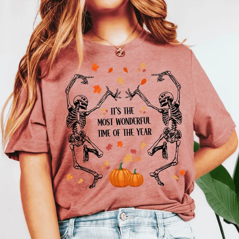 Dancing Skeleton Halloween Shirt Pumpkin Autumn Tee 0