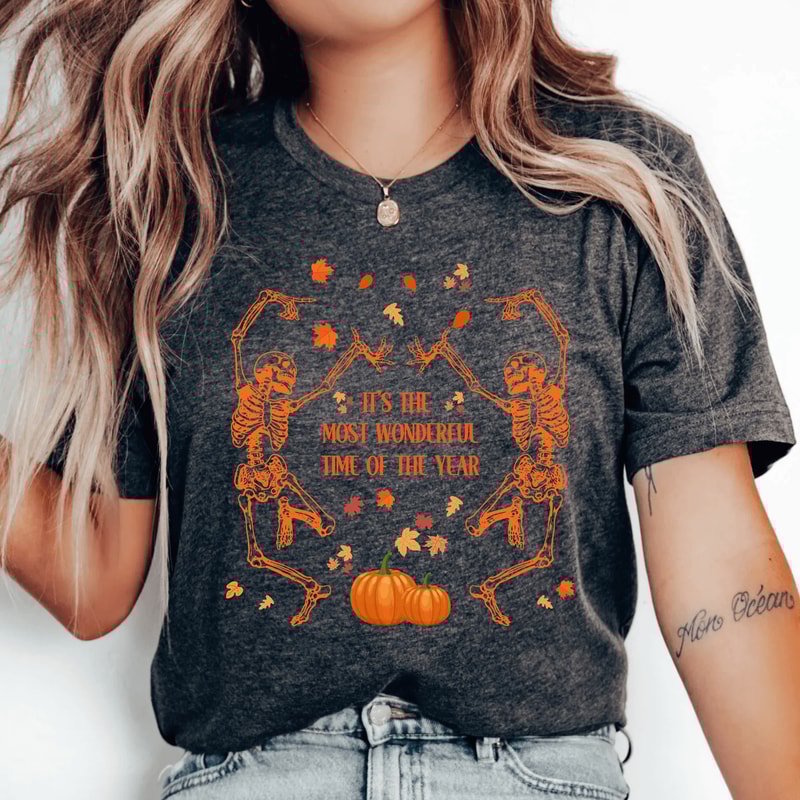 Dancing Skeleton Halloween Shirt Pumpkin Autumn Tee 1