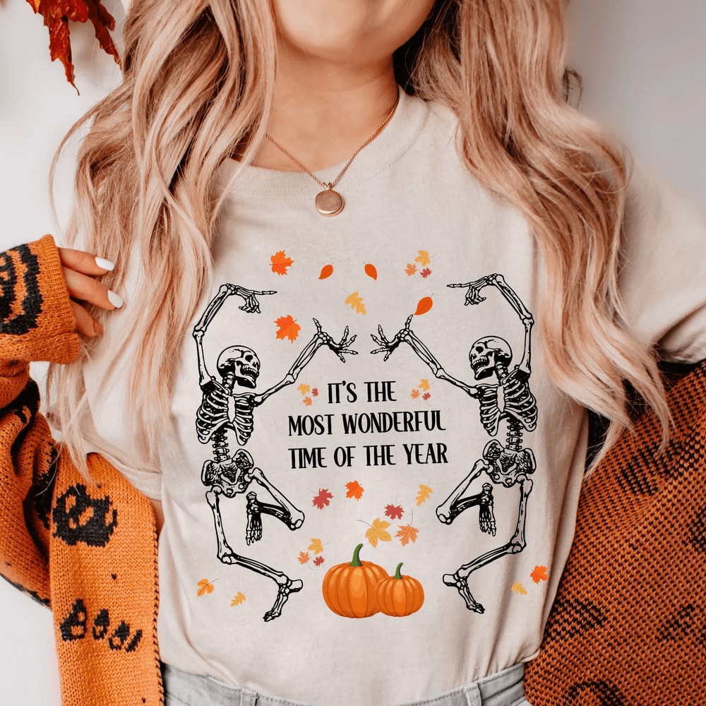Dancing Skeleton Halloween Shirt Pumpkin Autumn Tee 2