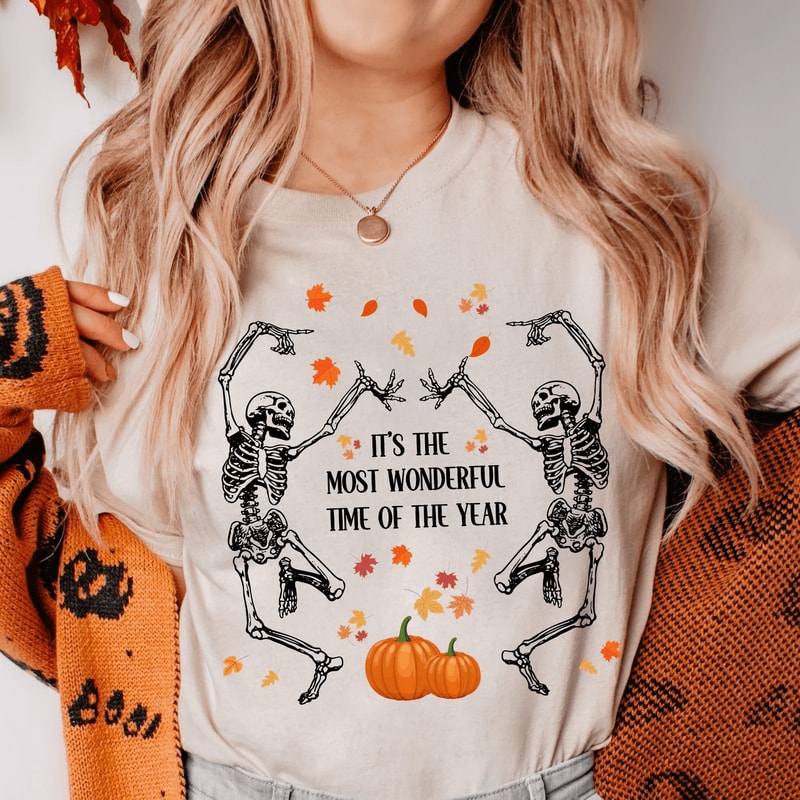 Dancing Skeleton Halloween Shirt Pumpkin Autumn Tee 2