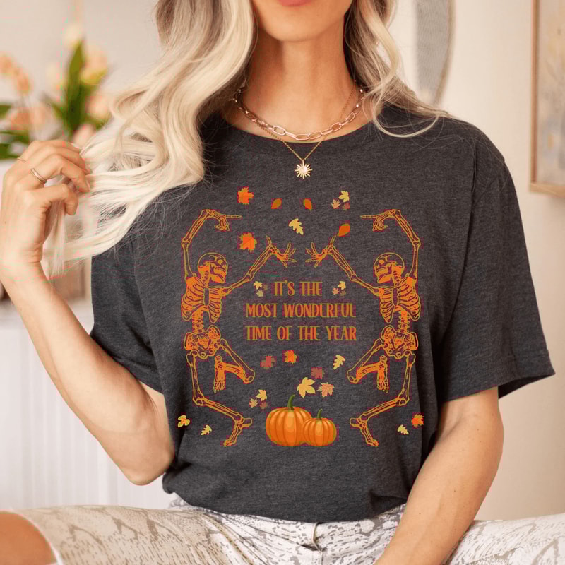 Dancing Skeleton Halloween Shirt Pumpkin Autumn Tee 3