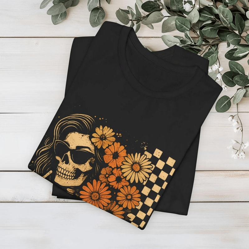Floral Skeleton Halloween Tee Gothic Skull Checkered Shirt 1