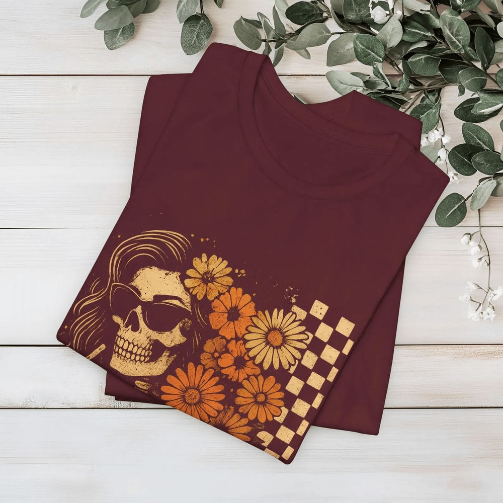 Floral Skeleton Halloween Tee Gothic Skull Checkered Shirt 2