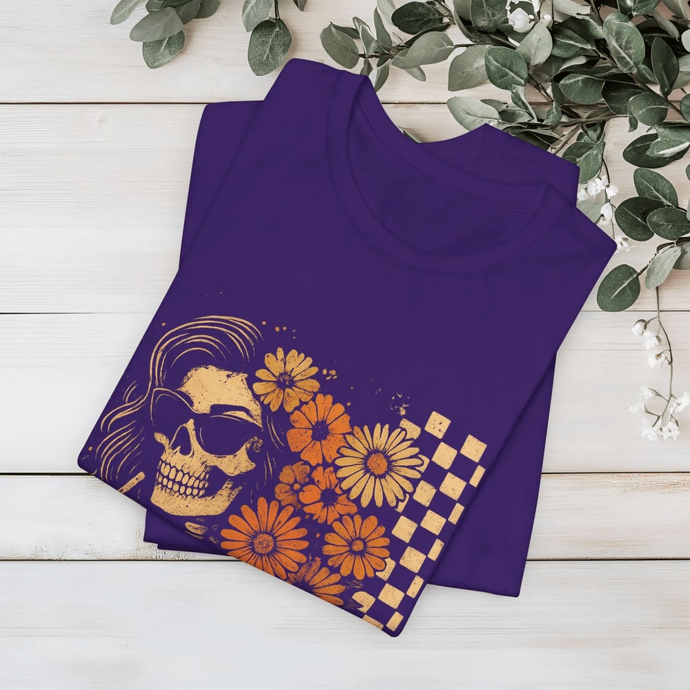 Floral Skeleton Halloween Tee Gothic Skull Checkered Shirt 3