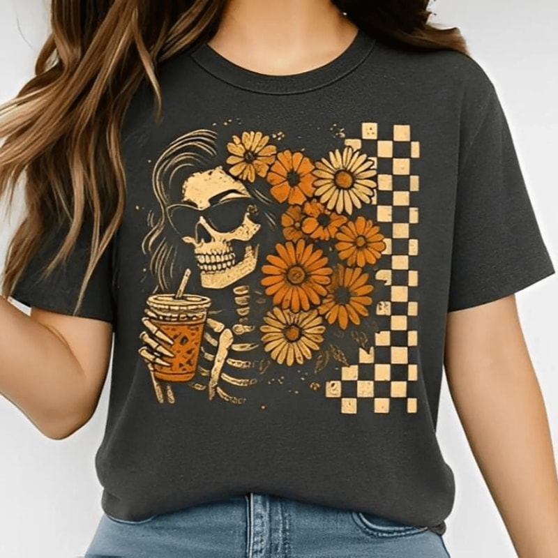 Floral Skeleton Halloween Tee Gothic Skull Checkered Shirt 0