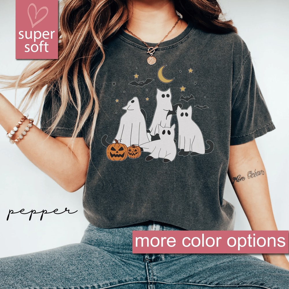 Black Cat Ghost Shirt Cute Comfort Colors Halloween Tee 1