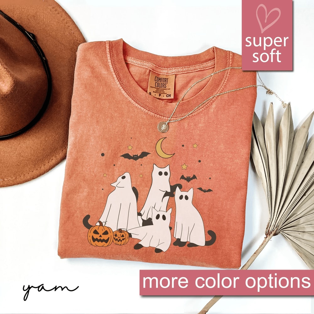 Black Cat Ghost Shirt Cute Comfort Colors Halloween Tee 0
