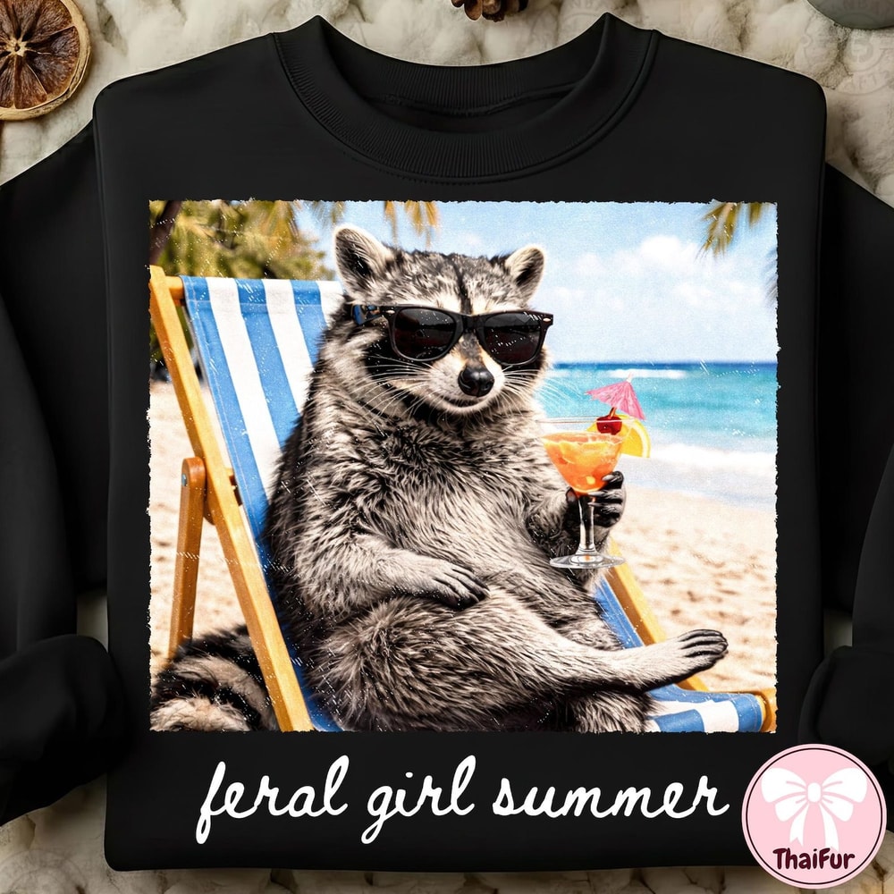 Feral Girl Summer Shirt Funny Raccoon Beach Graphic Tee Summer Vibes Gift 0